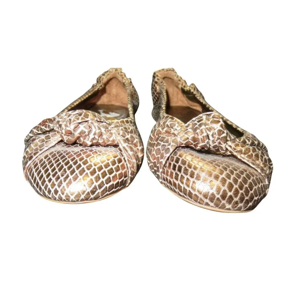 Franco Sarto Astra Brass BOA Snakeskin Metallic Italian Leather Bow Ballet Flats